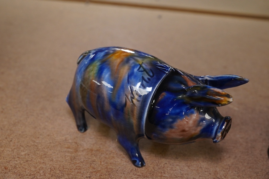 A Rye Pottery lustre glazed pig with detachable head, incised “Wunt Be Druv”, 9cm wide. Condition - fair